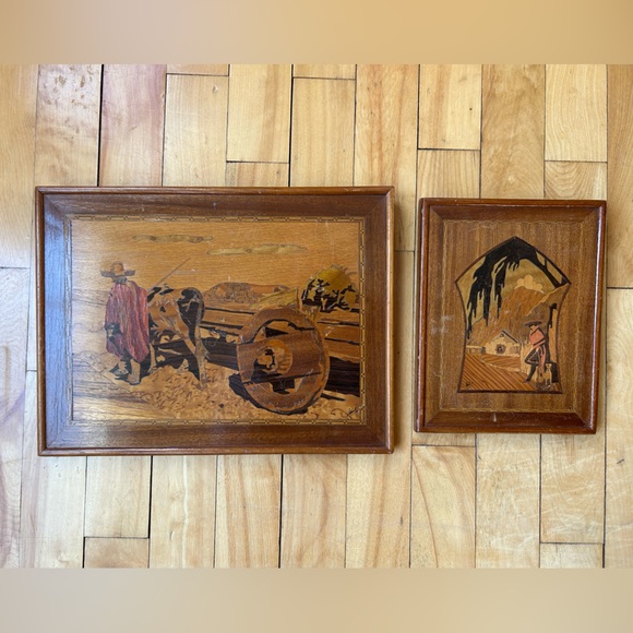 Jesus Salmon Other - Vintage framed marquetry wood art brown tan man dog cart Jesus Salmon lot of two